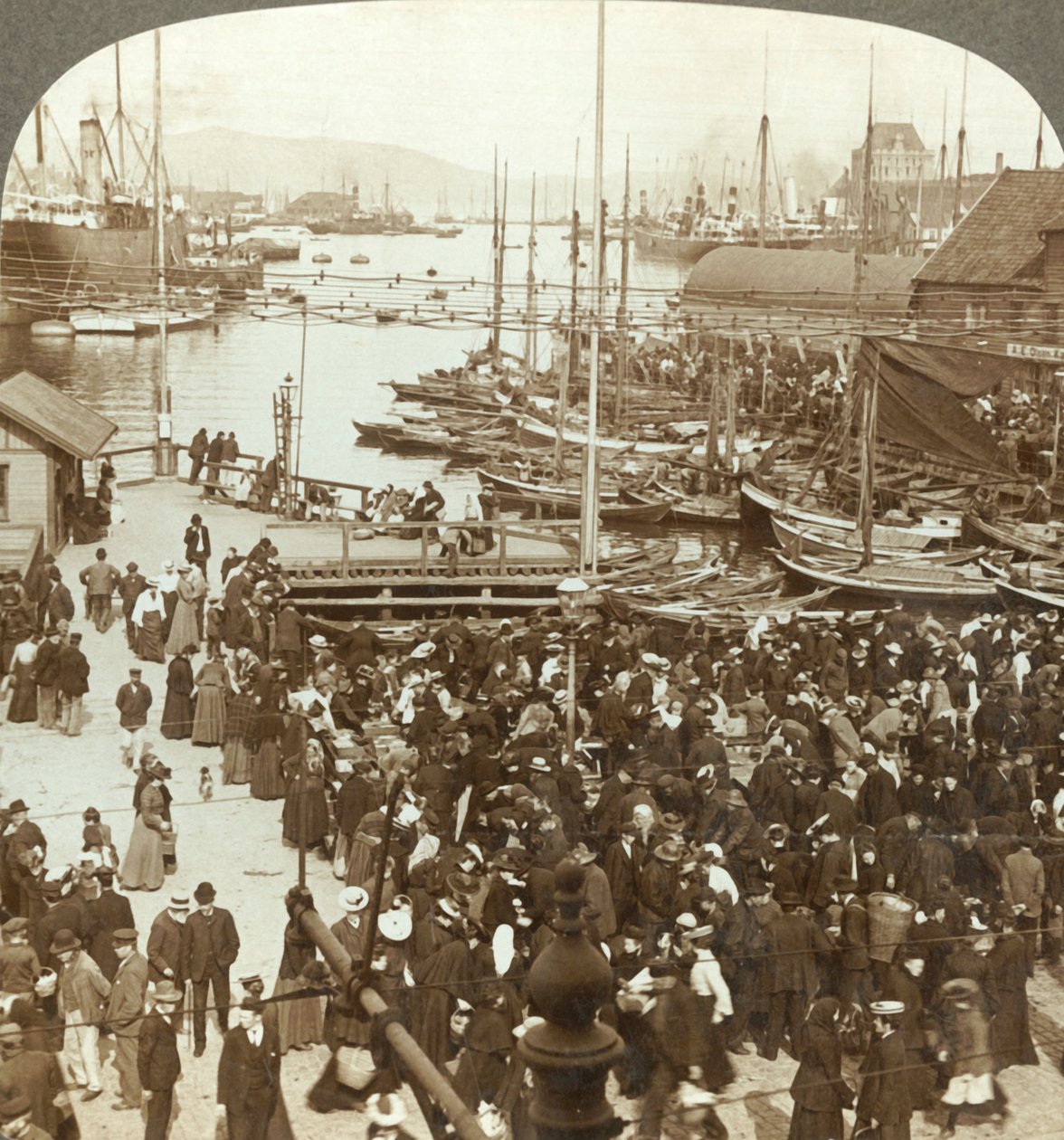 Havnen, N.W. fra markedsplassen i Bergen, Norges største fiskemarked, ca 1905. av Unbekannt