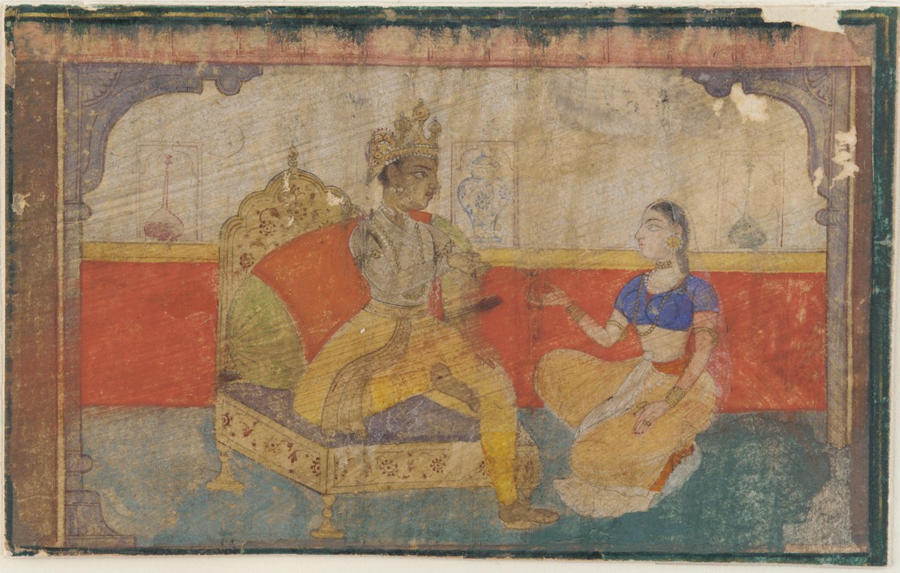 Kjæresten Krsna i samtale med budbringeren fra den elskede, fra en Rasikapriya, ca. 1617. av Unbekannt