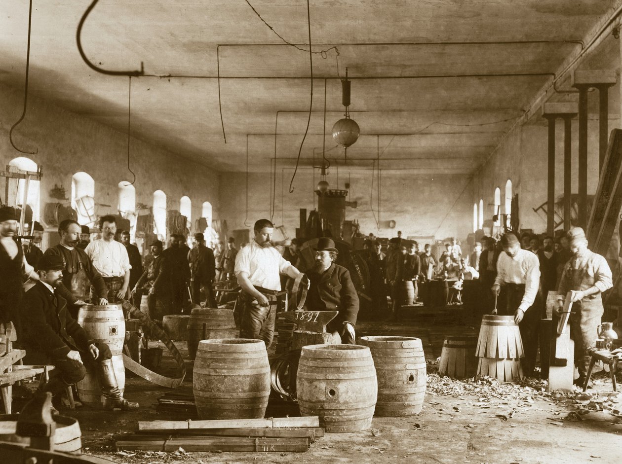 Produksjon av øltønner av tre i Pilsen, 1880-årene av Unbekannt