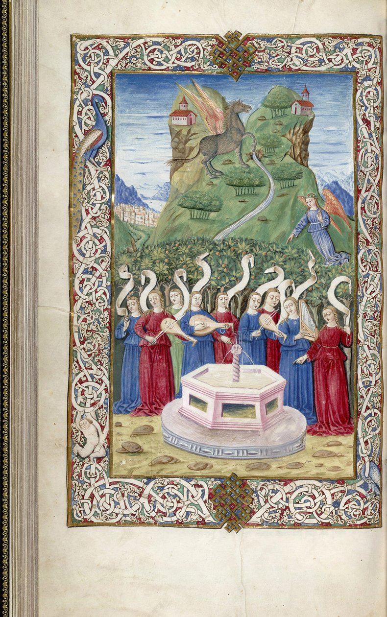 De ni musene med Pegasus og Mount Helicon Fra Argumentum av Guarinus Veronensis, 1485-1499 av Unbekannt