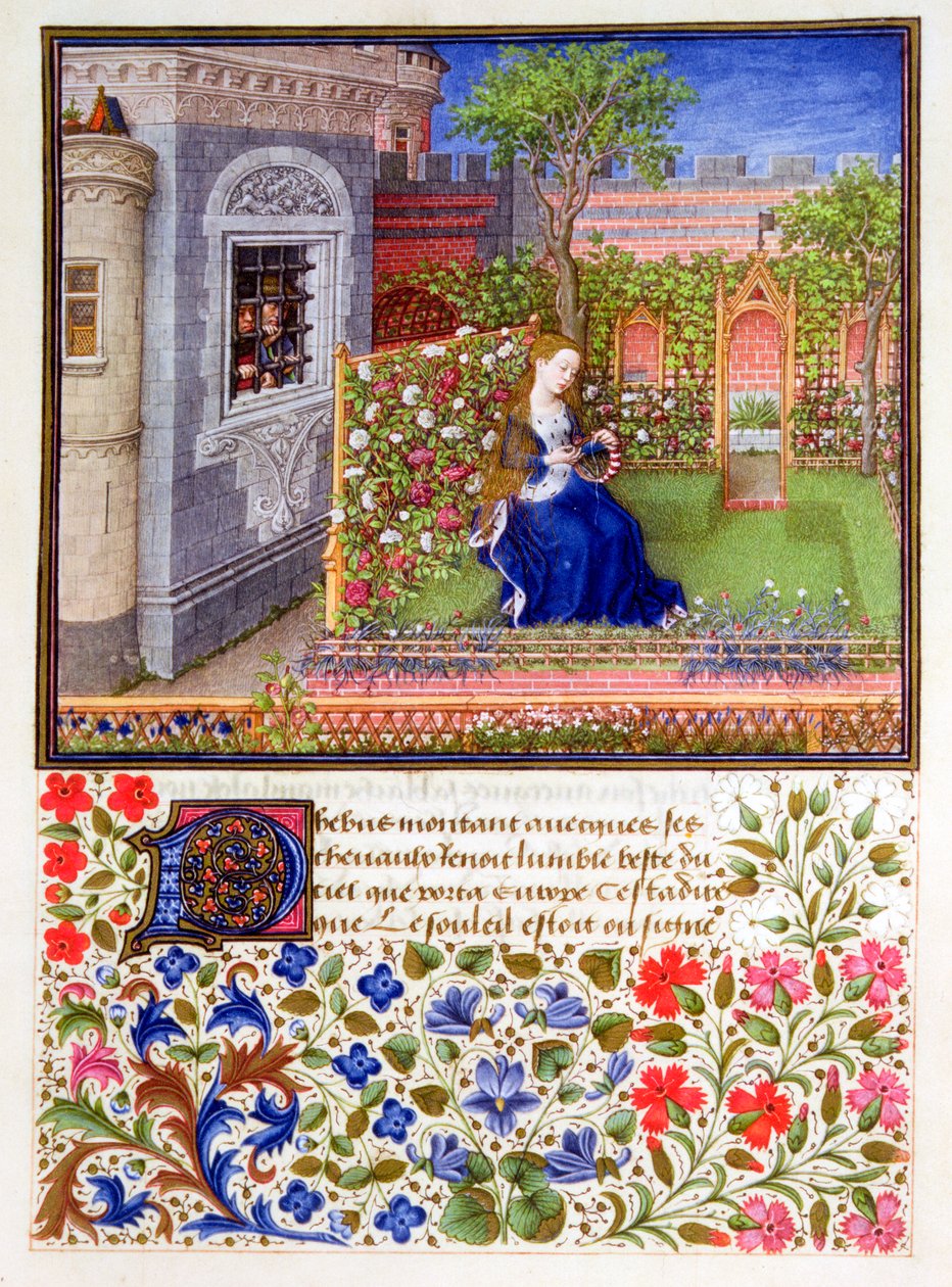 Fangene lytter til Emily synge i hagen, 1340-1341 av Unbekannt