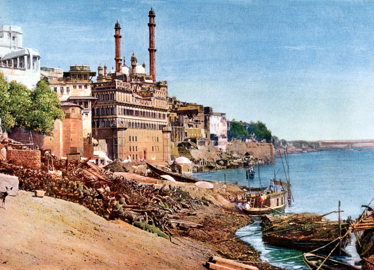 Elven Ganges and the Burning Ghats ved Benares Varanasi, India, tidlig på 1900-tallet av Unbekannt