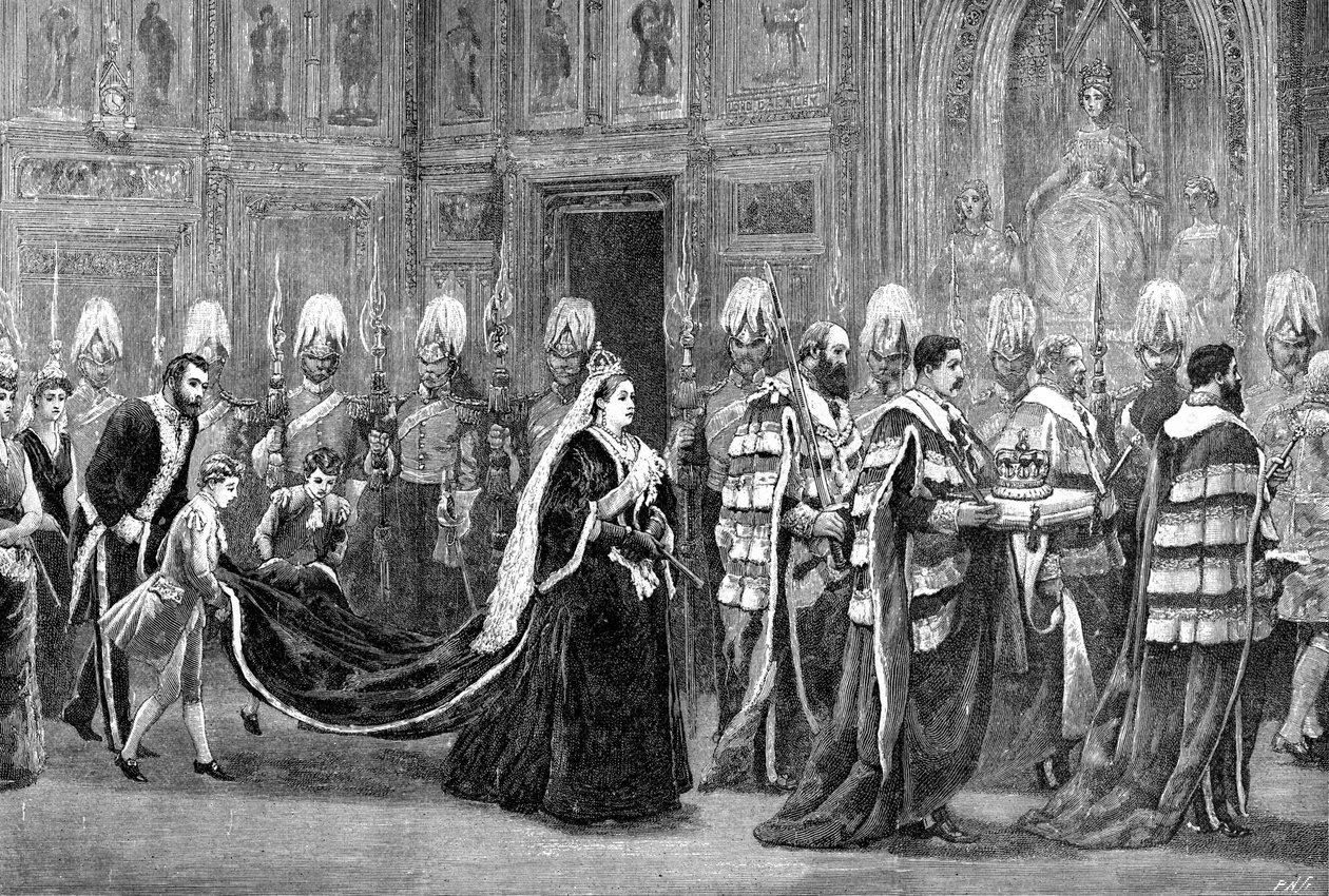 Den kongelige prosesjonen i Westminster Palace på vei til House of Lords, 1886, 1900 av Unbekannt