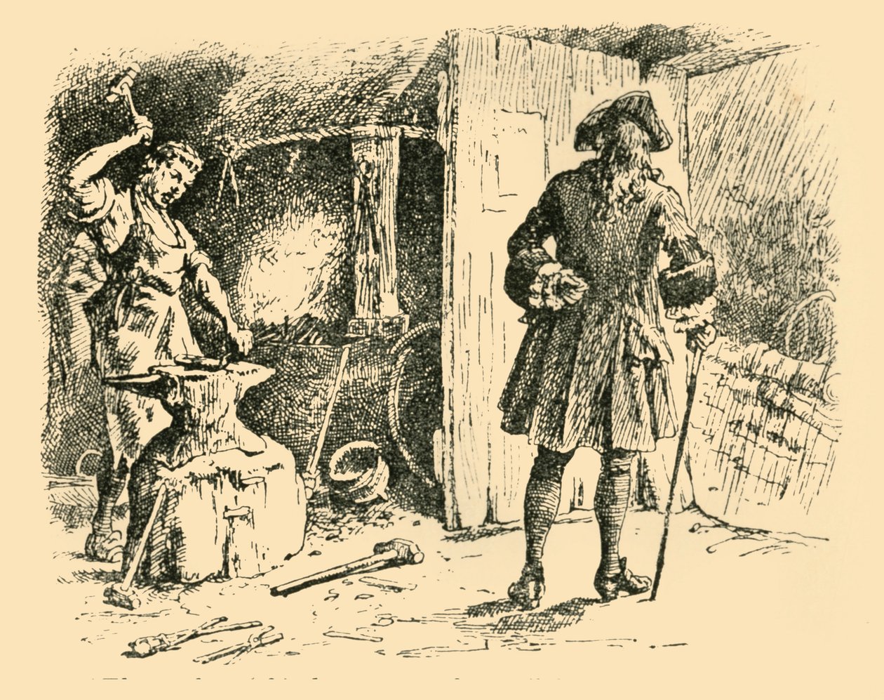 Hammerslagene hans på ambolten holdt tid til sangen hans, 1907. av Unbekannt