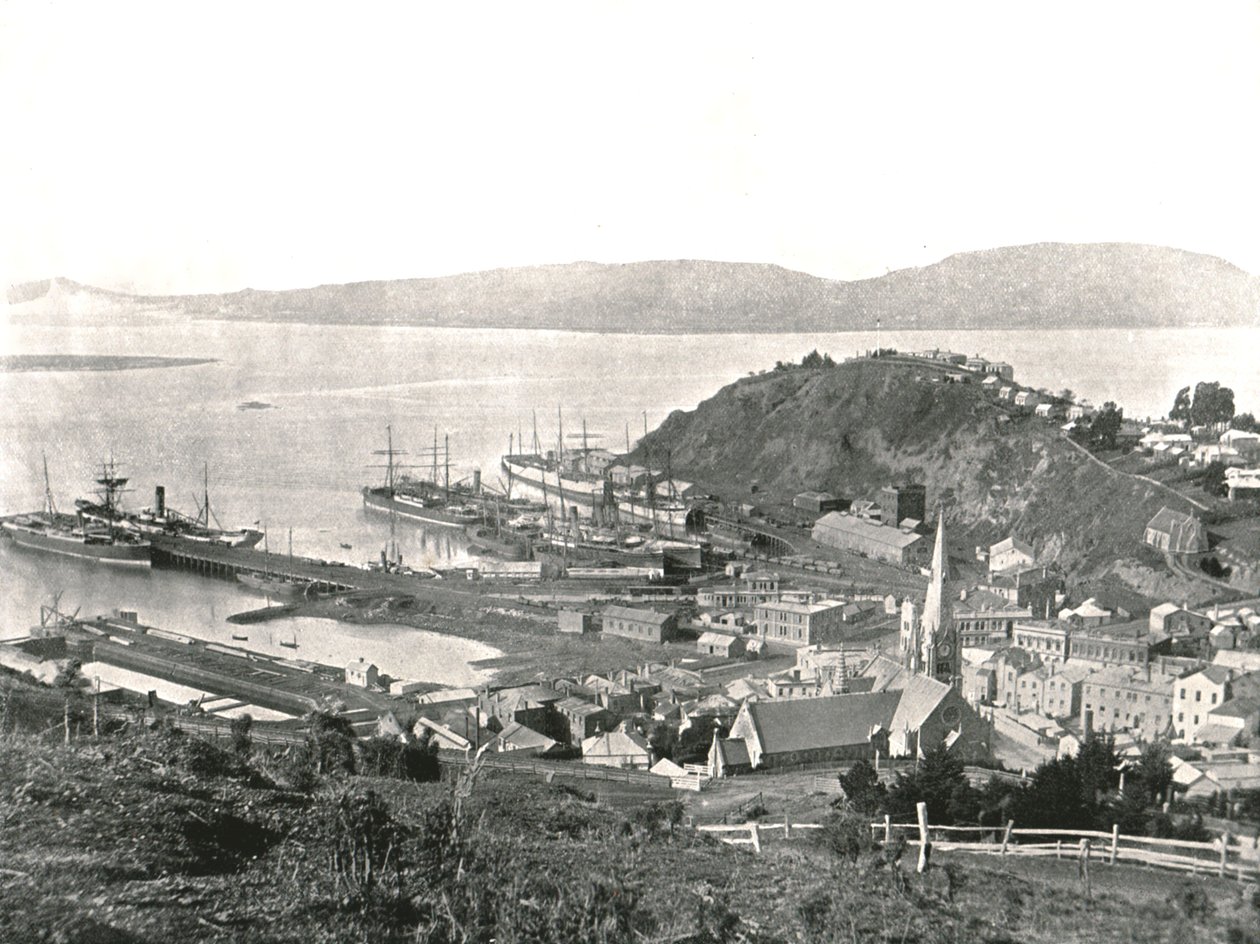 Byen og havnen, Port Chalmers, New Zealand, 1895. av Unbekannt