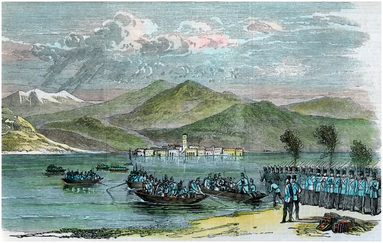 Krigen, østerrikere krysser Lago Maggiore, Italia, c1875 av Unbekannt