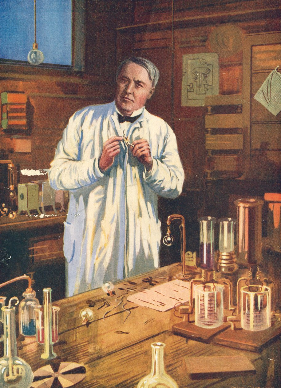 Thomas Edison, amerikansk oppfinner, i laboratoriet hans, Menlo Park, New Jersey, USA, 1870-1920-tallet av Unbekannt