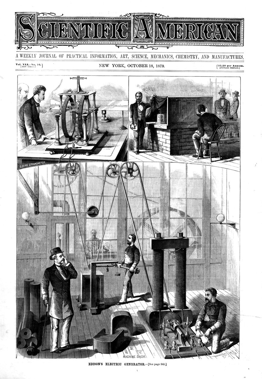 Thomas Edisons generator for elektrisk lys hjemme i Menlo Park, New Jersey, USA, 1879 av Unbekannt