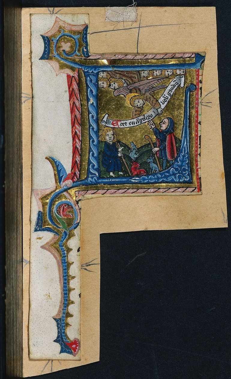Tre stiklinger fra et missal: Initial L med kunngjøringen til hyrdene, ca. 1470-1500. av Unbekannt