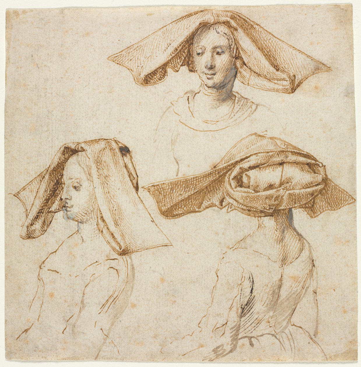Tre studier av en kvinne som bærer en forseggjort hodeplagg, ca. 1500. av Unbekannt