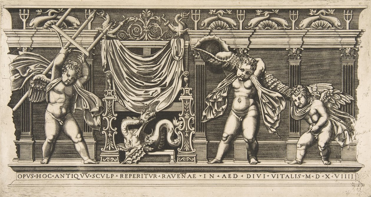 Tre amoriner foran en fasade med pilastre, en holder en trefork og en annen..., ca. 1515-1600. av Unbekannt