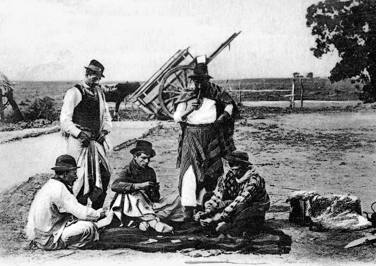 Tre menn som spiller kort, Uruguay, ca 1900-tallet av Unbekannt