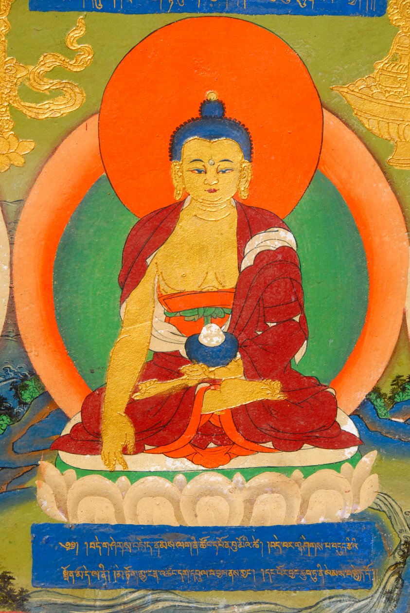 tibetansk buddhisme; fargerikt veggmaleri som viser Buddha i meditasjon; Bhumisparsha Mudra; Bhumisparshamudra tilkaller moder jord; Panchen Lama-palasset; Tashilhunpo kloster; Shigatse; Himalaya; Tibet autonome region; Folkerepublikken Kina; Asi av Unbekannt