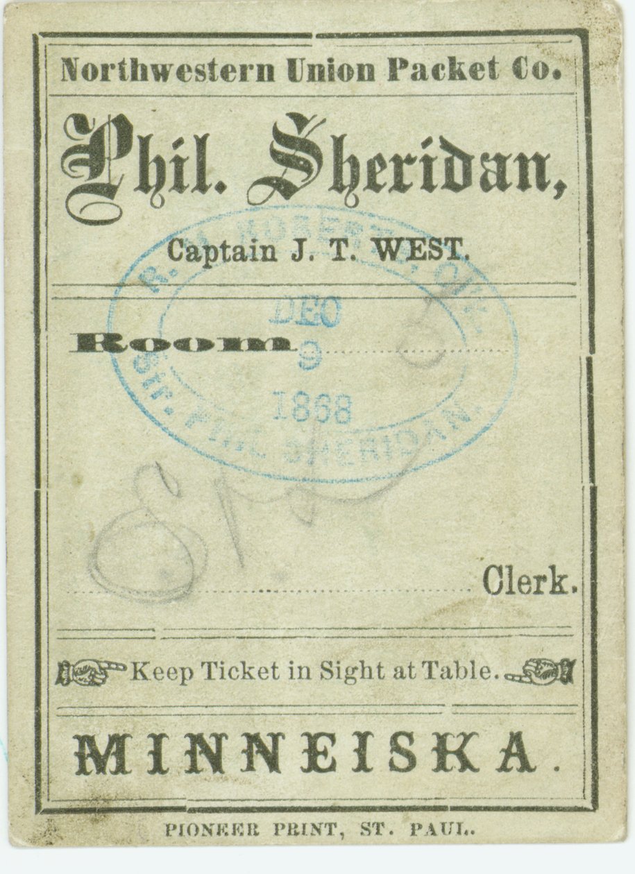 Billett til dampbåten Phil. Sheridan, 9. desember 1868 av Unbekannt