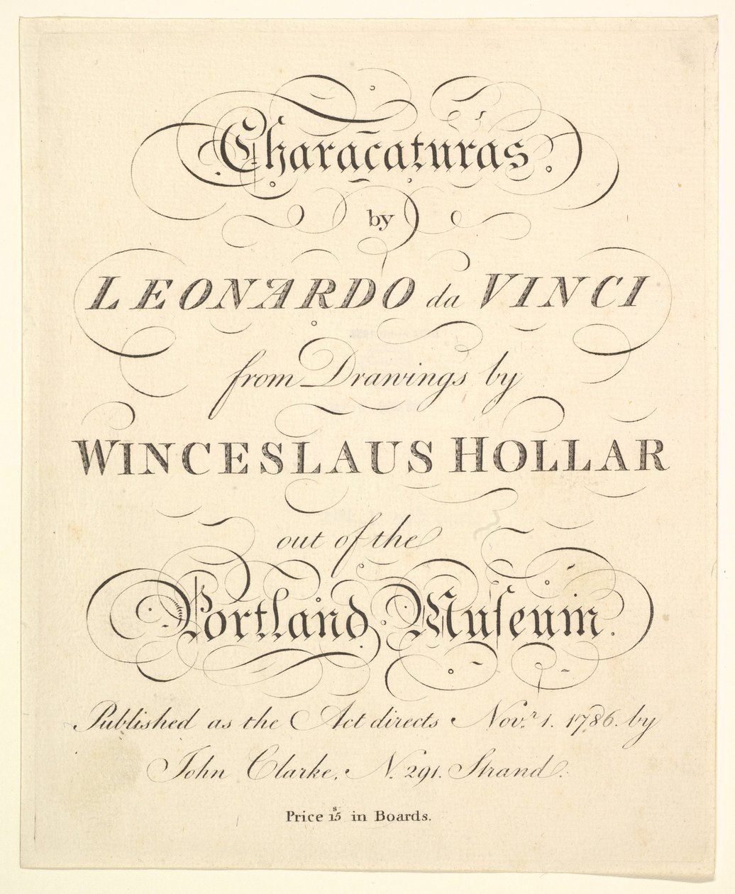Tittelside: Characaturas av Leonardo da Vinci, fra Tegninger av Wincelslaus Hollar, ut av..., 1786. av Unbekannt