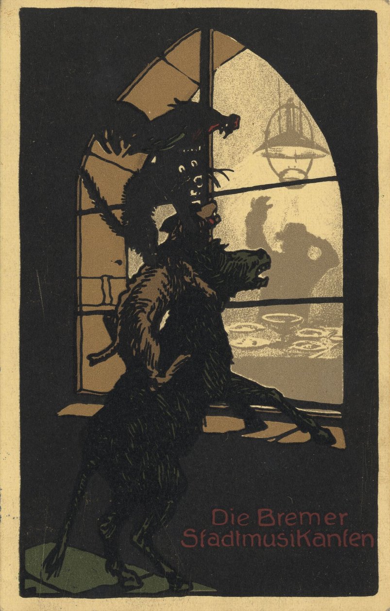 Titteldesign på boken Town Musicians of Bremen av brødrene Grimm, 1910-tallet av Unbekannt