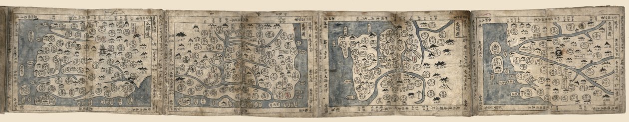 Tittel fra perm. Blader er sammenføyd ende til ende og brettet trekkspill stil. Limt på en liten etikett på baksiden av Hamgyŏng-do-kartet: Bunkōdō Shoten. Også tilgjengelig via Library of Congress-nettstedet som et rasterbilde. Anskaffelseskontrollnr. av Unbekannt