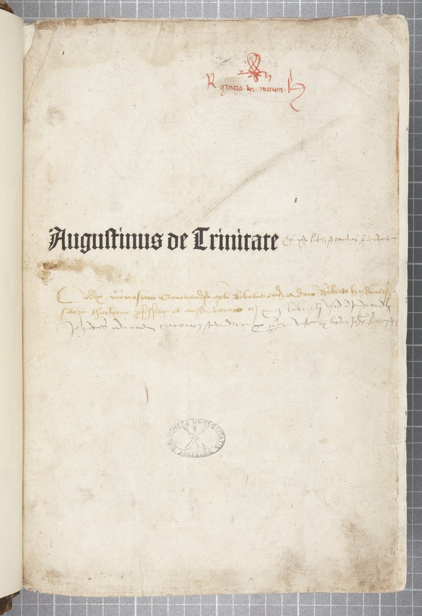 Tittelside til De trinitate og De Civitate Dei cum commento, skrevet av Augustine av Hippo (penn og blekk på papir) av Unbekannt