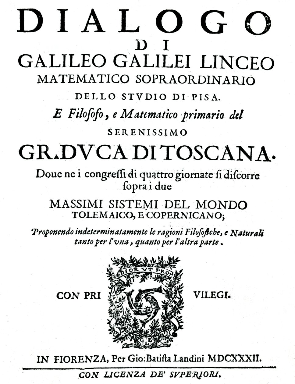Tittelside til Dialogo, av Galileo, 1632 av Unbekannt