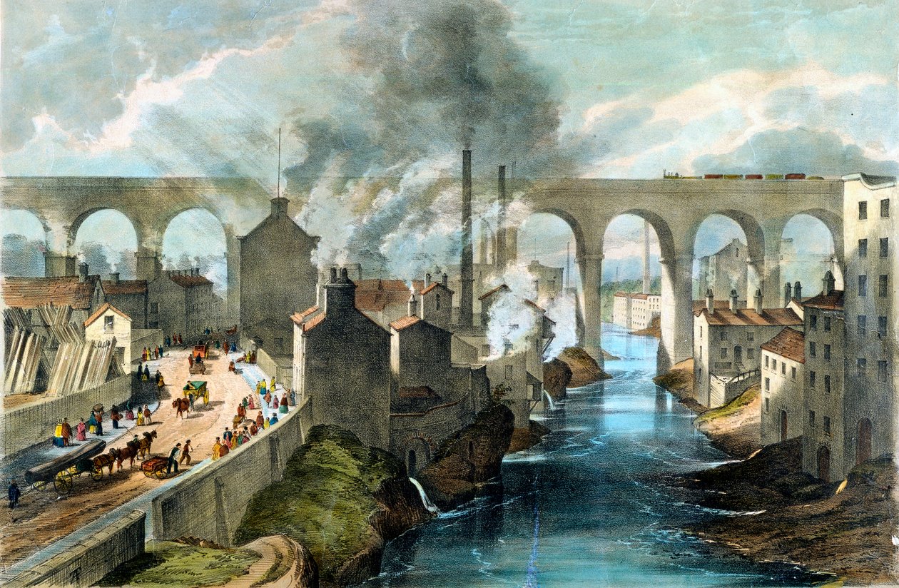 Tog som krysser Stockport-viadukten på London & North Western Railway, c1845 av Unbekannt