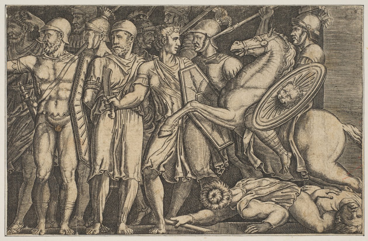 Trajan Fighting the Dacians, Trajan på hesteryggen til høyre rir mot en gruppe ..., ca. 1515-1600. av Unbekannt