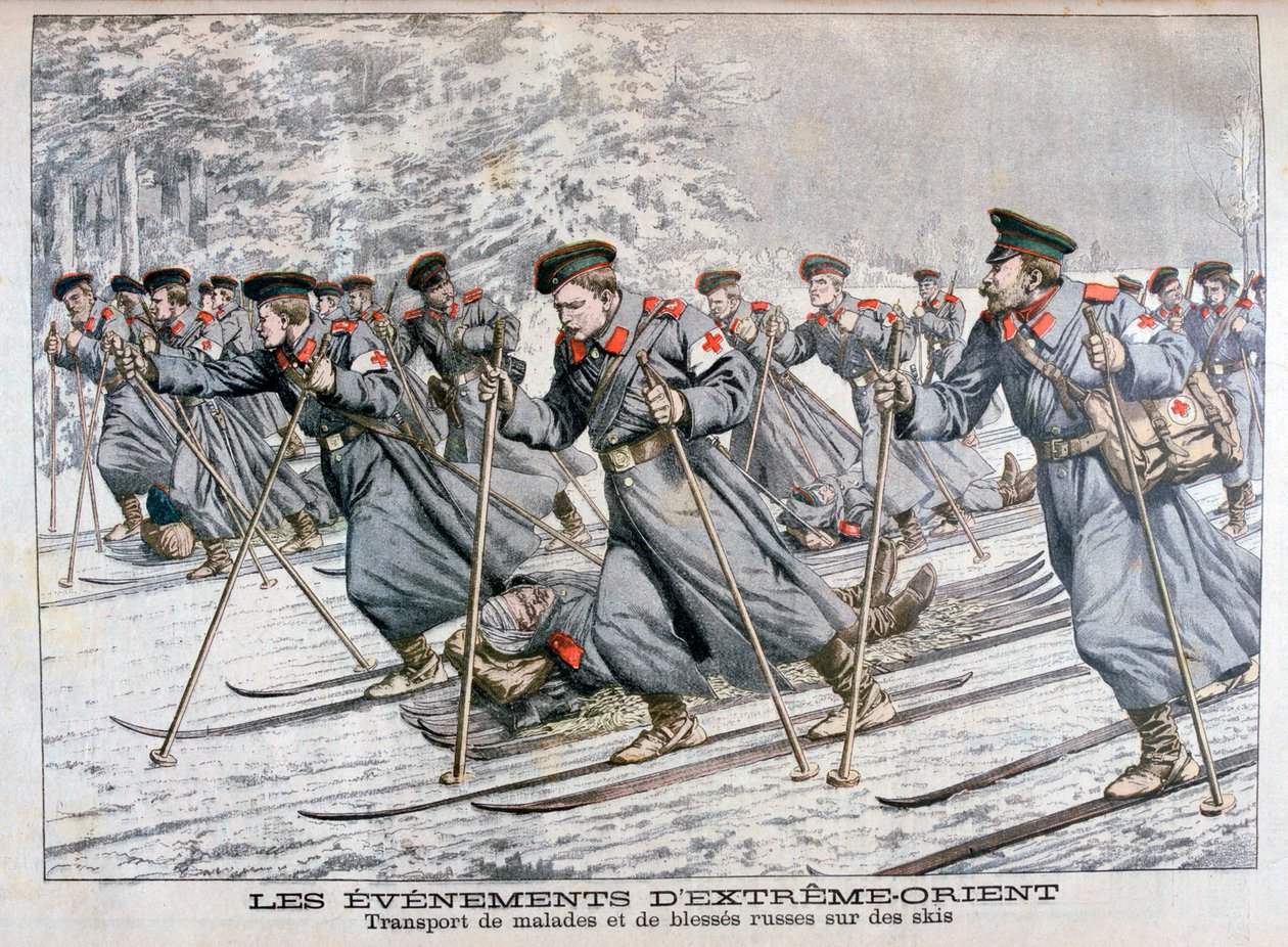 Transport av syke og sårede russiske tropper på ski, russisk-japansk krig, 1904 av Unbekannt
