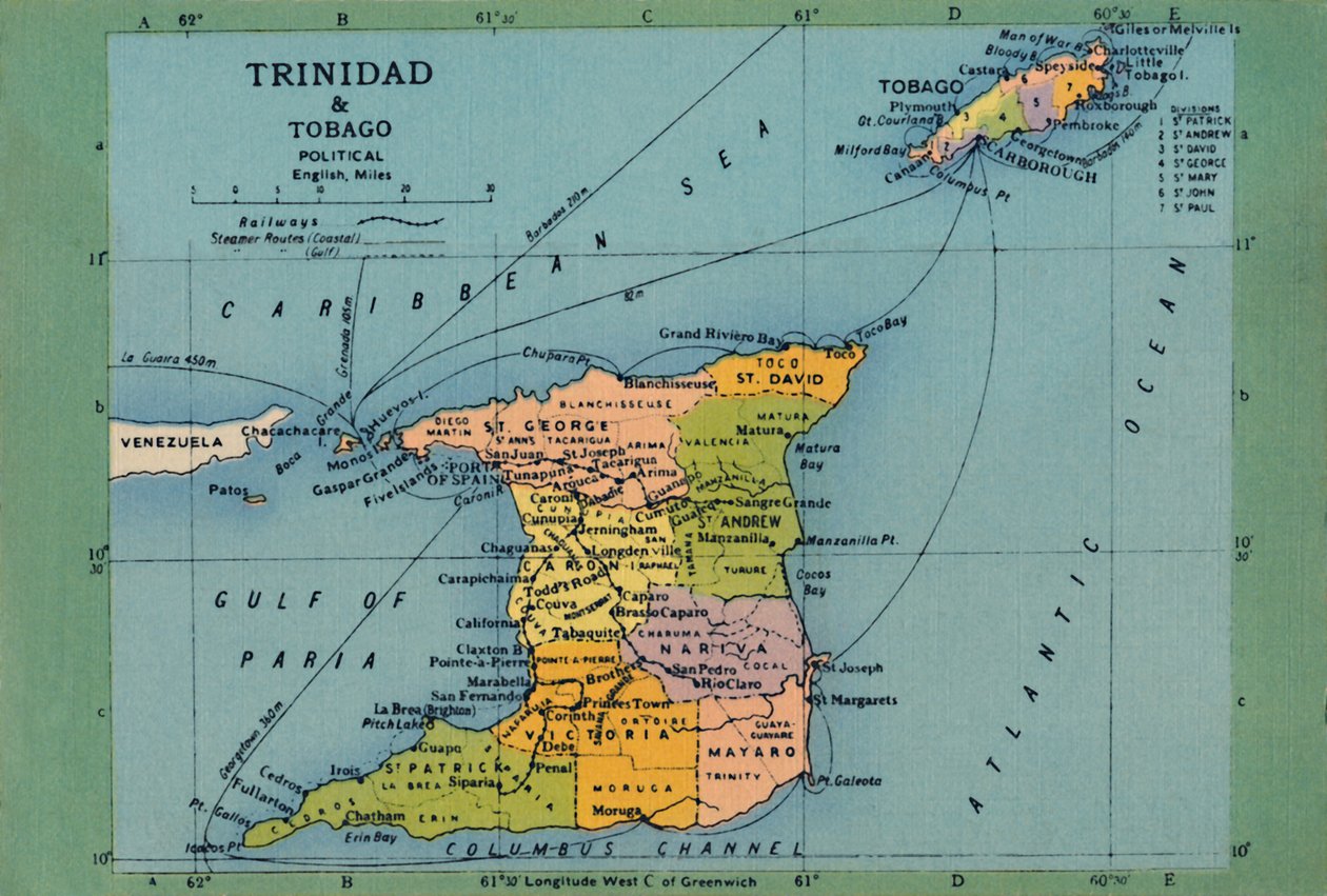Kart over Trinidad og Tobago, ca 1940-tallet. av Unbekannt