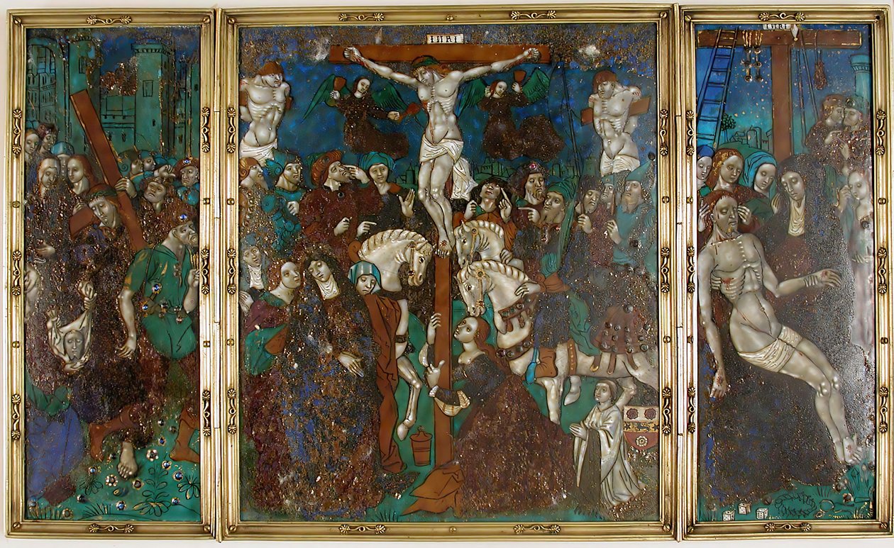 Triptyk med Veien til Golgata, korsfestelse og nedstigning fra korset, fransk, 1500-tallet. av Unbekannt