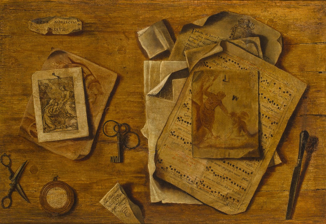 Trompe-lil med partitur, tegninger og tangenter, ca. 1800 av Unbekannt