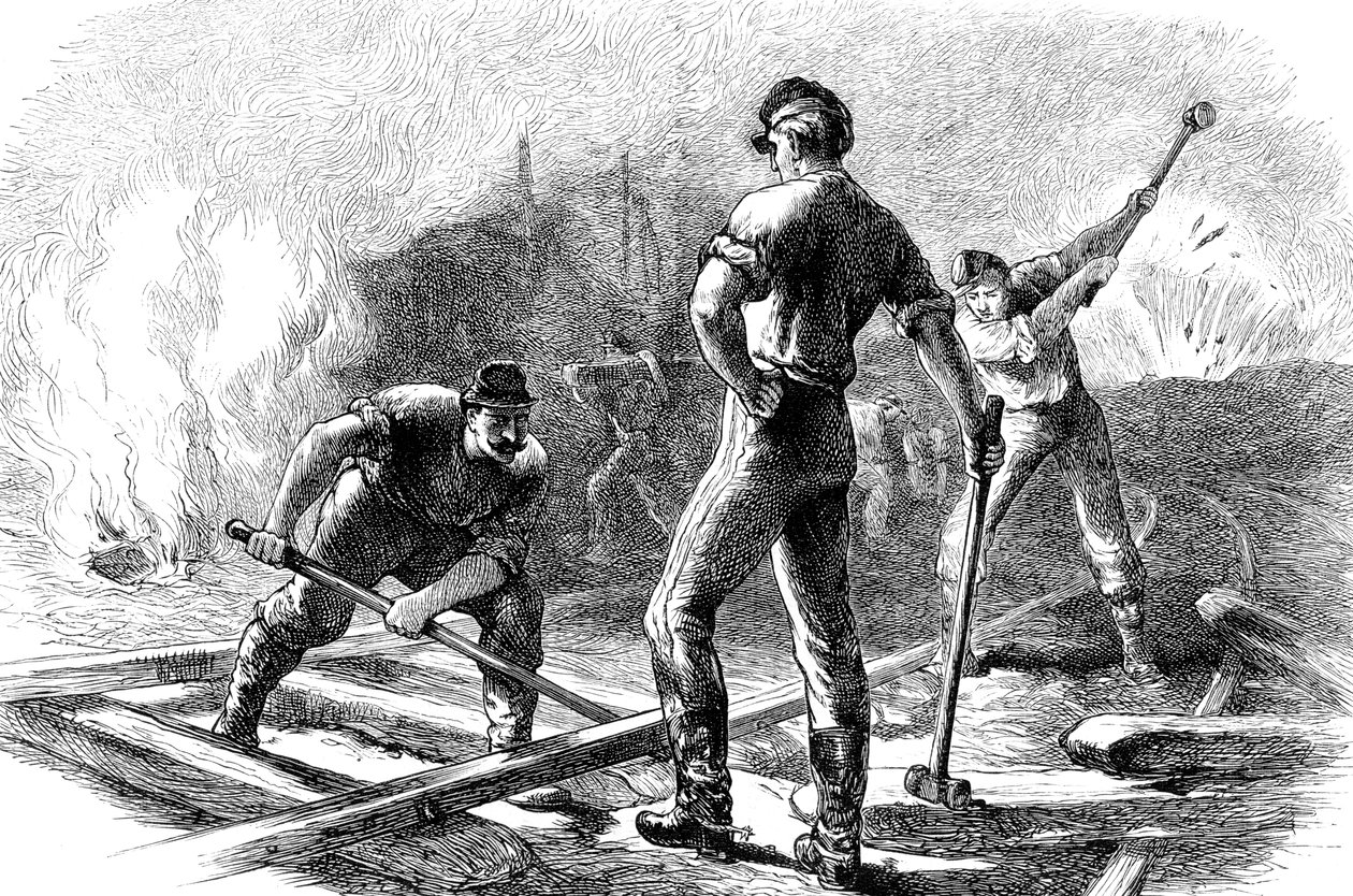 Tropper river opp en jernbane, amerikansk borgerkrig, 1861-1865 c1880 av Unbekannt