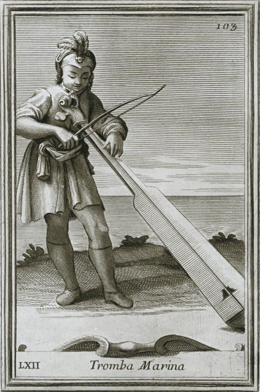 Trumscheit marinetrompet, gravering fra F. Bonannis bok Armonic cabinet, Roma, 1722, 1948 av Unbekannt