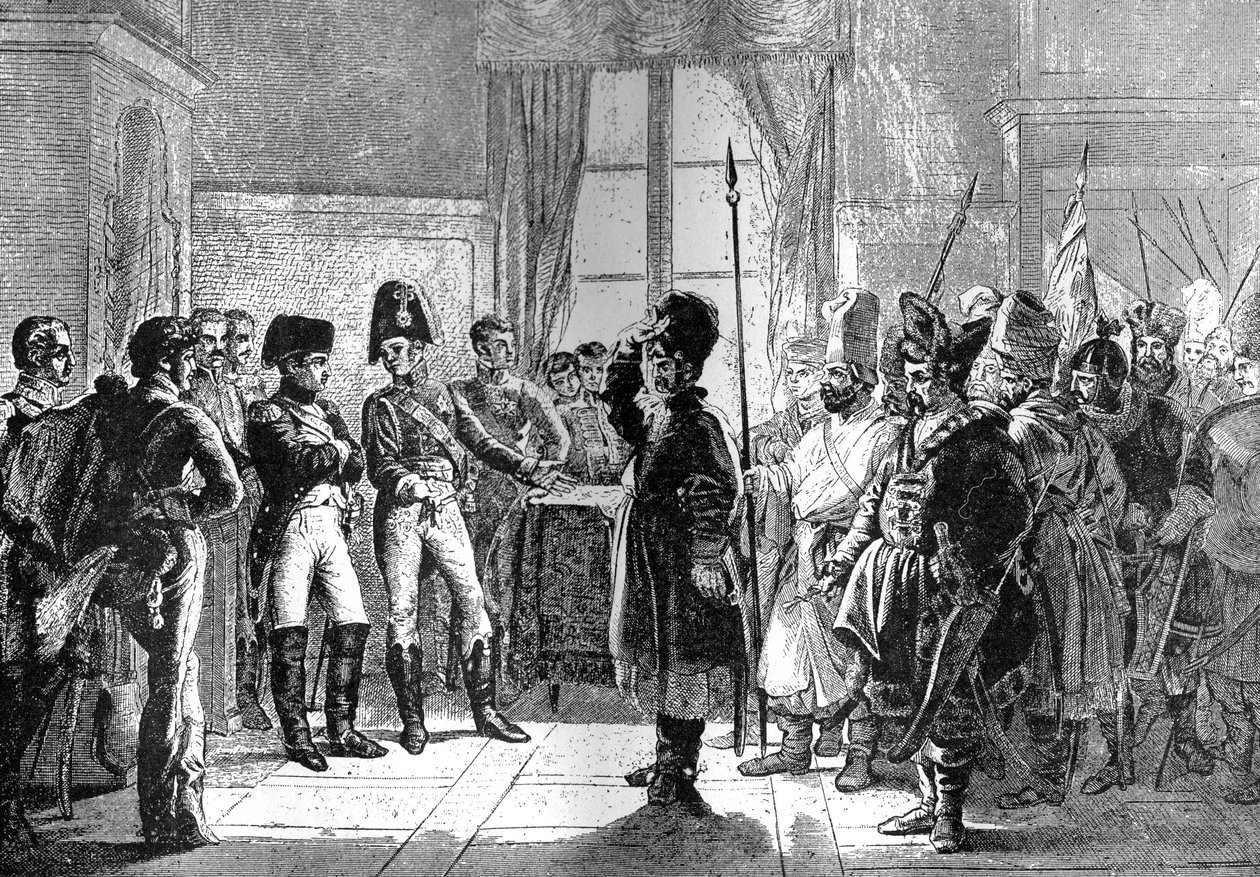 Tsar Alexander I presenterer russiske tropper til Napoleon, 8. juli 1807 1882-1884 av Unbekannt