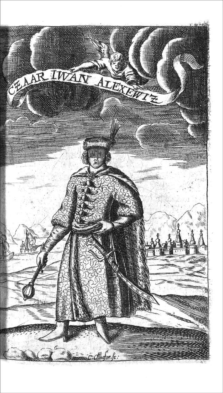 Tsar Ivan V Alexeyevich fra Georg Adam Schleissing Derer beiyden Czaaren i Reussland Ivan og Peter Alexewiz, 1693 av Unbekannt