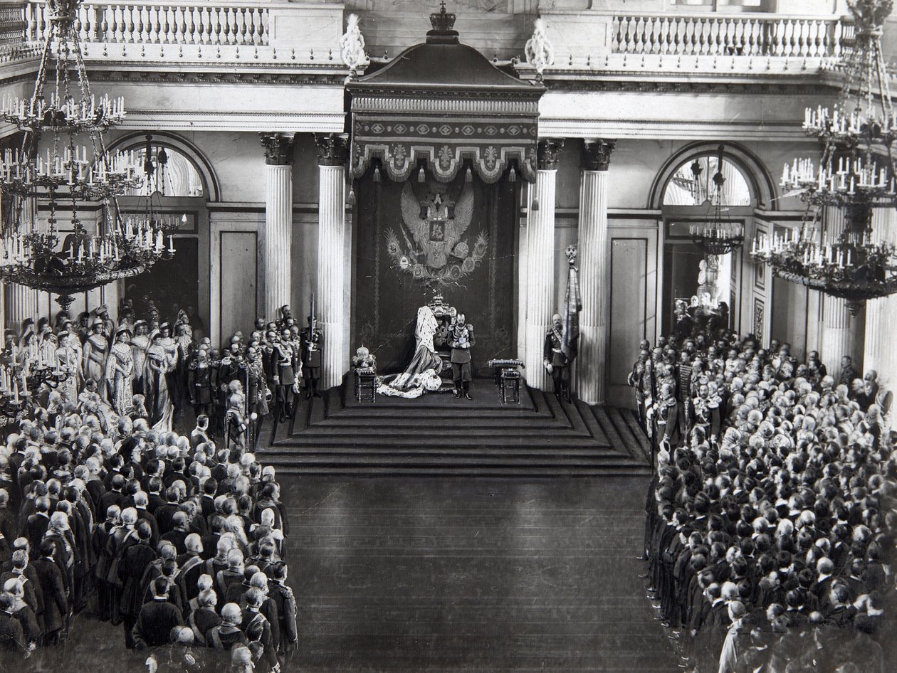 Tsar Nicholas II taler ved åpningen av den første Dumaen, St. Petersburg, Russland, 27. april 1906 av Unbekannt