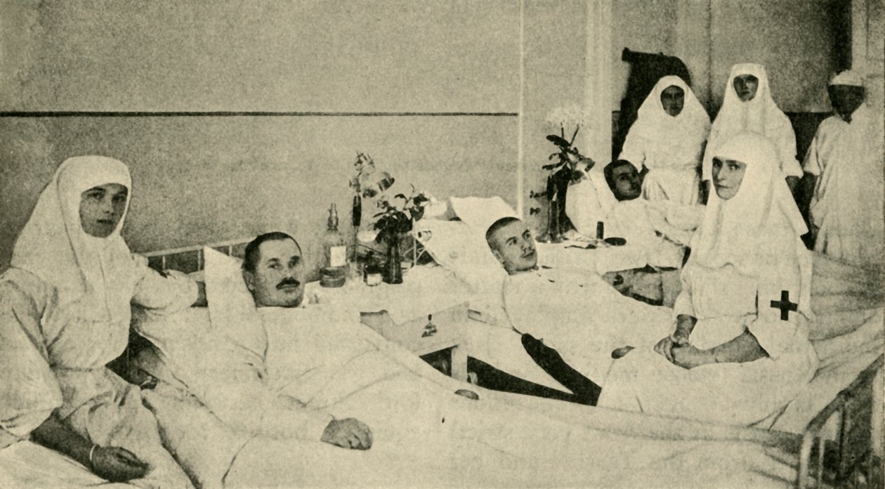 Tsarina Alexandra pleier sårede soldater, 1914, c1920. av Unbekannt