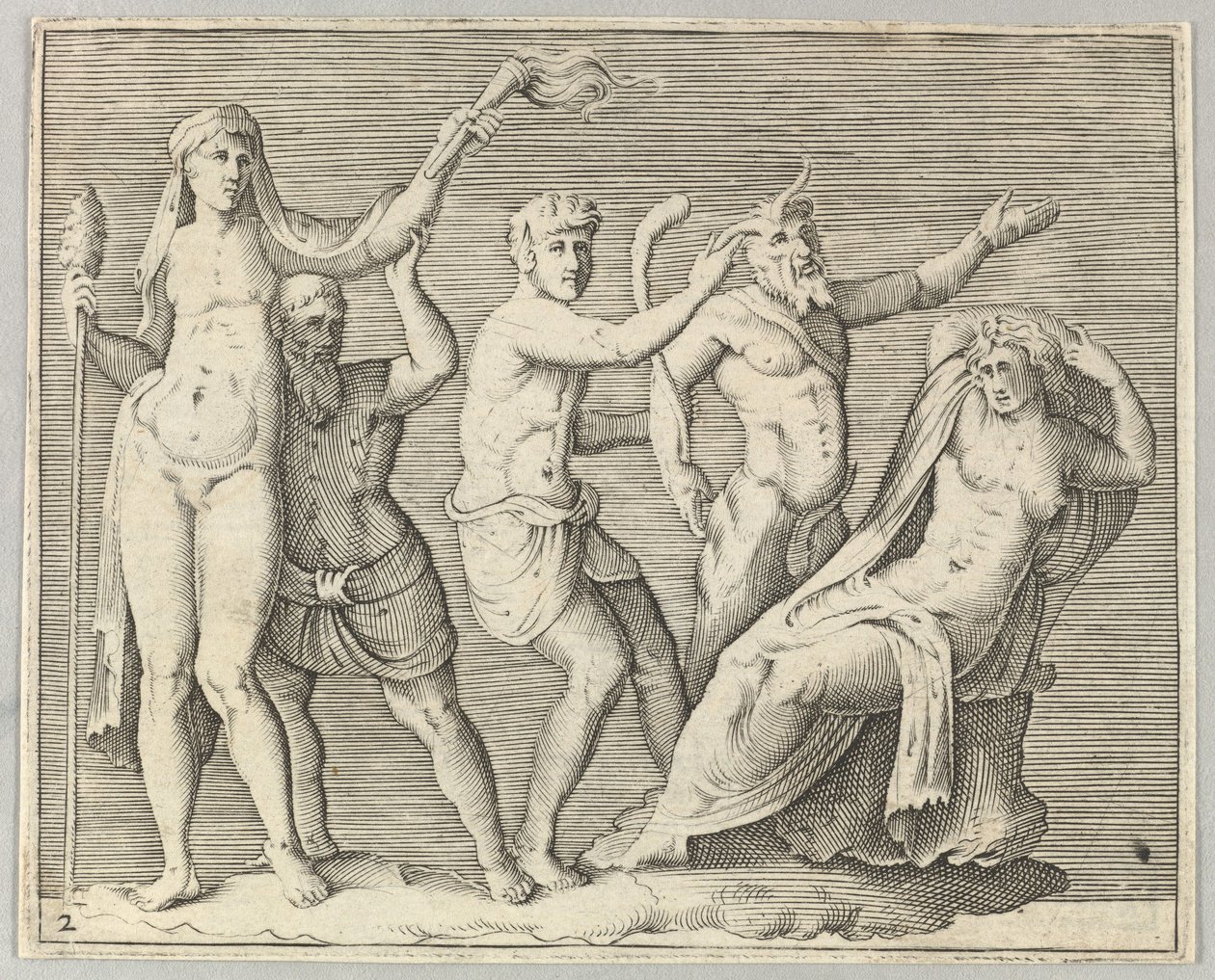 To figurer, en faun og en satyr nærmer seg en liggende kvinne, utgitt ca. 1599-1622. av Unbekannt