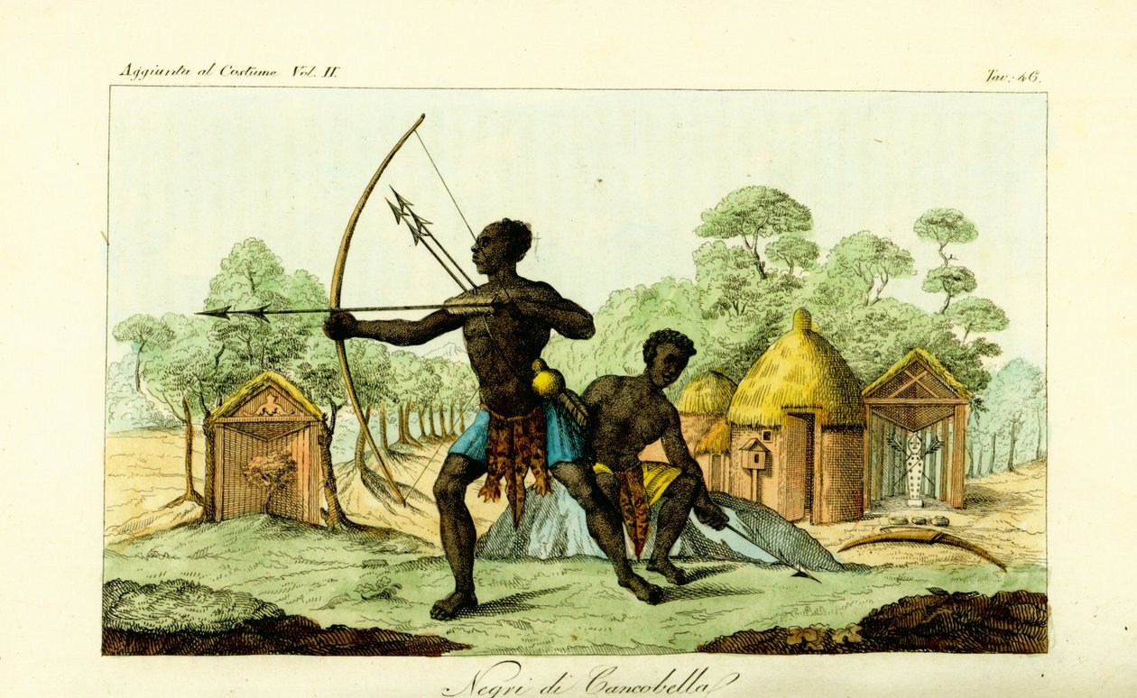 To Luanda-menn fra Cancobella, Angola, med buer og piler, foran boliger, hytter, hellige fetisj-altere, etc. av Unbekannt