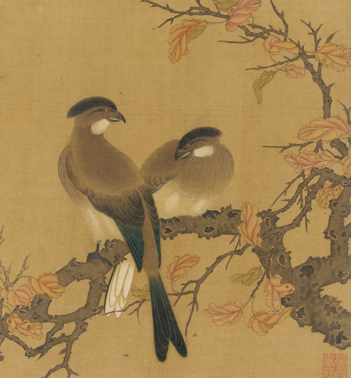 To kamfugler på en gren, høstløv, Qing-dynastiet, 1700-tallet. av Unbekannt