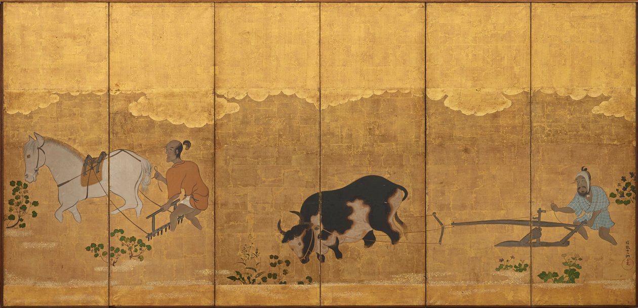To bønder som pløyer og harver en rismark, Edo-perioden, 1615-1868. av Unbekannt