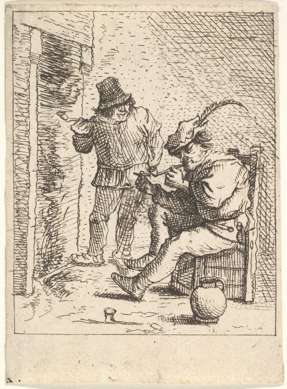 To mannlige bønder holder rør foran et ildsted, den ene sitter med røret holdt..., Etter 1625-90. av Unbekannt