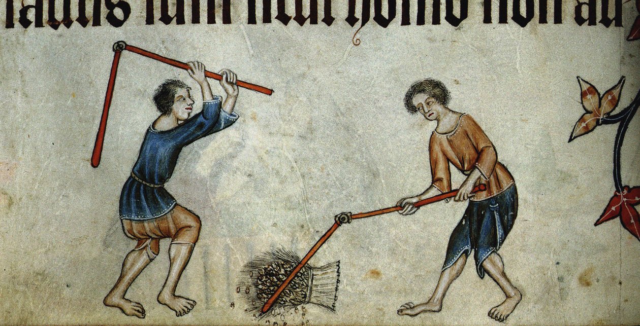 To menn som tresker korn fra Luttrell-psalteren, ca 1330 av Unbekannt