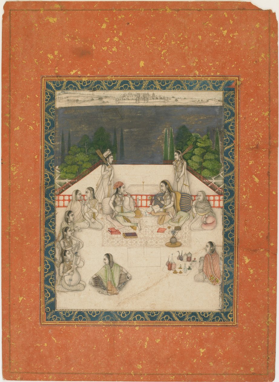 To kvinner satt på en terrasse, omgitt av ledsagere og musikere, ca. 1650. av Unbekannt