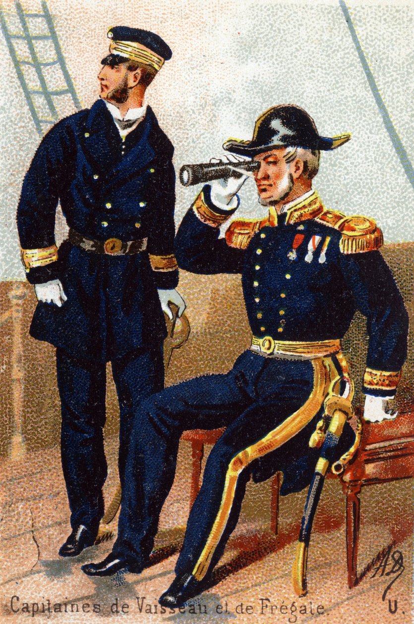 U: Kapteinskip og fregatt. Gravering i "Militæralfabetet". Illustratorens initialer: A. D. Ukjent utgiver. Kromolitografier sent på 1800-tallet. Mål: 10,5x7 cm. av Unbekannt