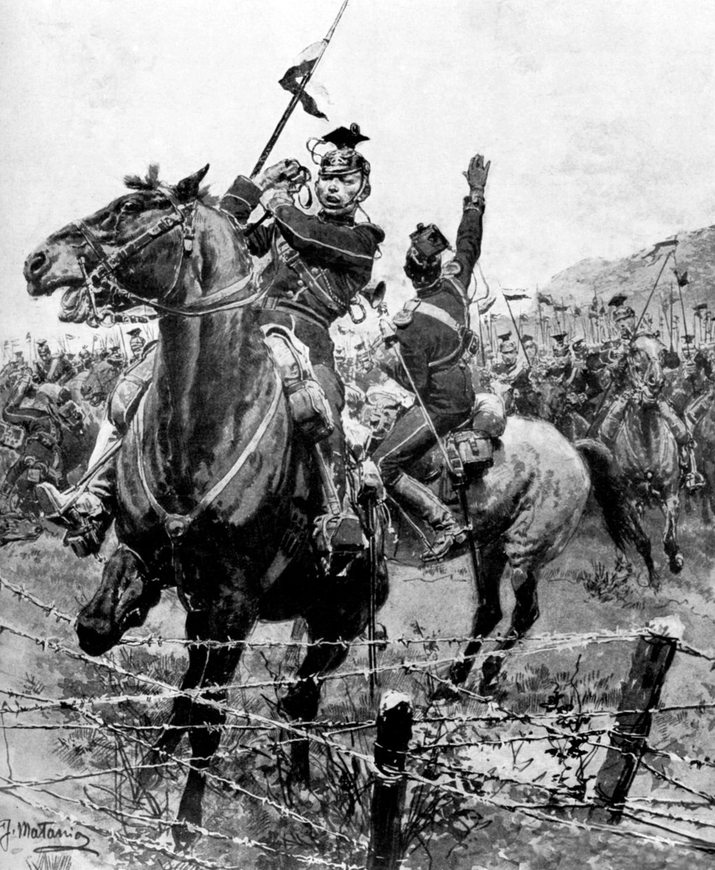 Uhlans sjekket med piggtråd nær Liege, Belgia, første verdenskrig, 1914 av Unbekannt