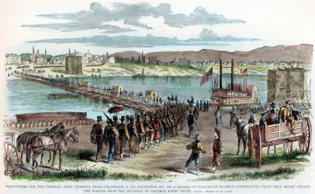 Fagforeningsfrivillige krysser elven Ohio, Cincinnati, Ohio, amerikansk borgerkrig, c1862 av Unbekannt