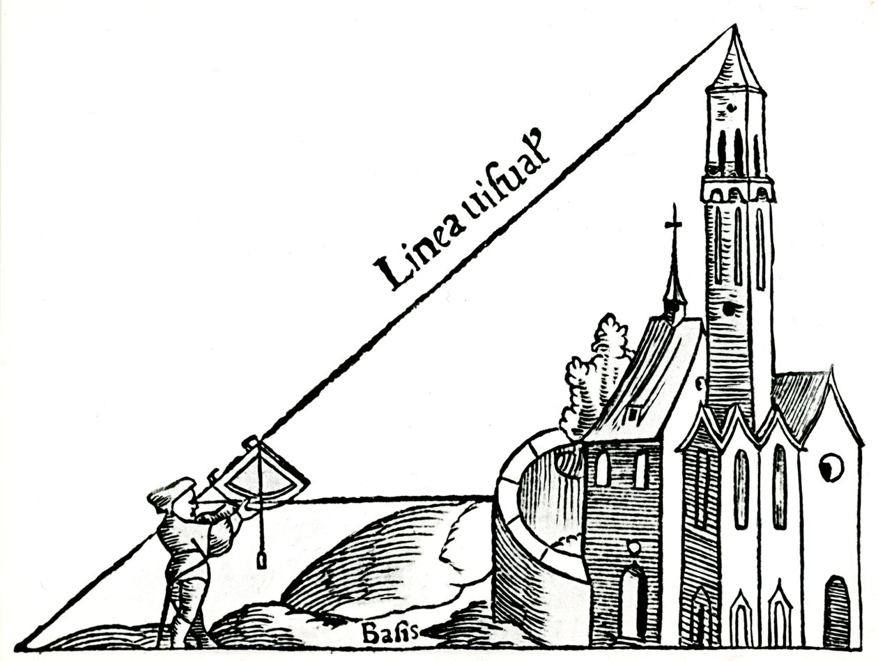 Bruke en kvadrant med et lodd for å beregne høyden på et tårn ved triangulering, 1551 av Unbekannt