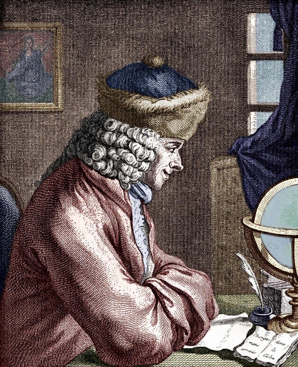 VOLTAIRE, Francois-Marie Arouet - portrett av Voltaire arbeider. Fransk forfatter, filosof, dramatiker, poet 1694-1778. 1700-talls gravering. Fjærpenn av Unbekannt