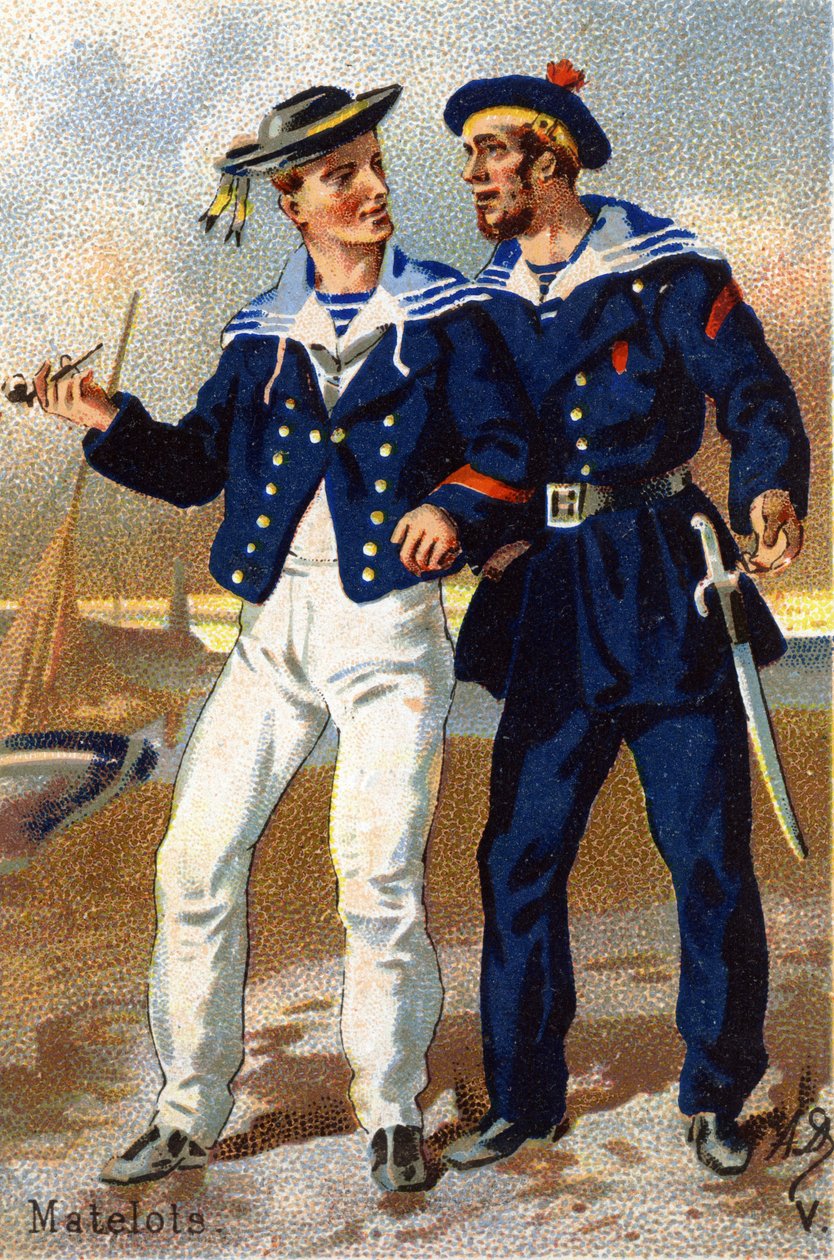 V: Sjømenn. Gravering i "Militæralfabetet". Illustratorens initialer: A. D. Ukjent utgiver. Kromolitografier sent på 1800-tallet. Mål: 10,5x7 cm. av Unbekannt