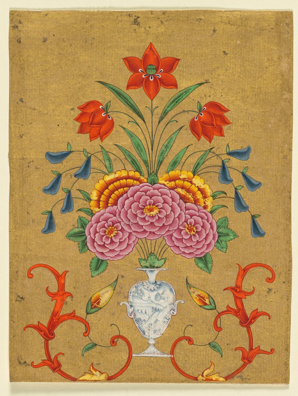 Vase med blomsterarrangement og scrollwork, ca. 1750-1800. av Unbekannt