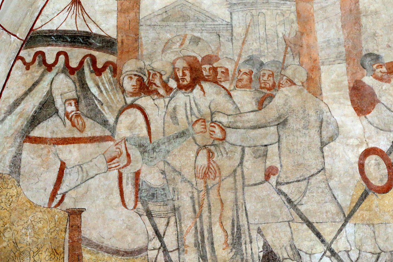 Vault de Lugny kirke. 1500-talls veggmaleri. Kristus i sin lidenskap. Kristus før Pilatus. Frankrike Â av Unbekannt